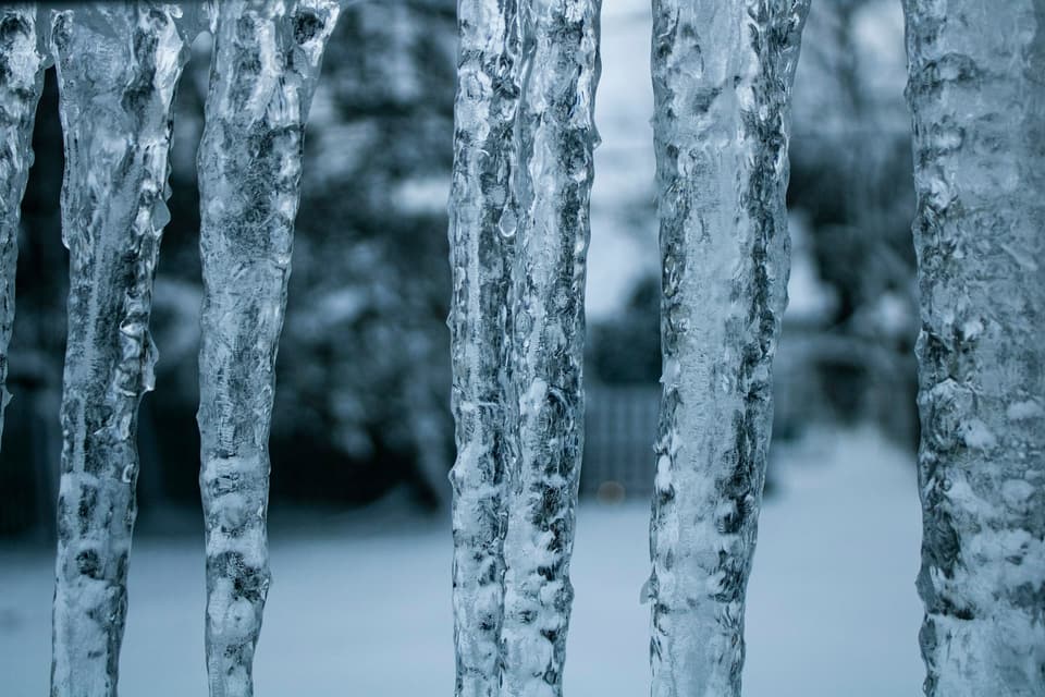 Icicles hanging in front of a snow-covered yard